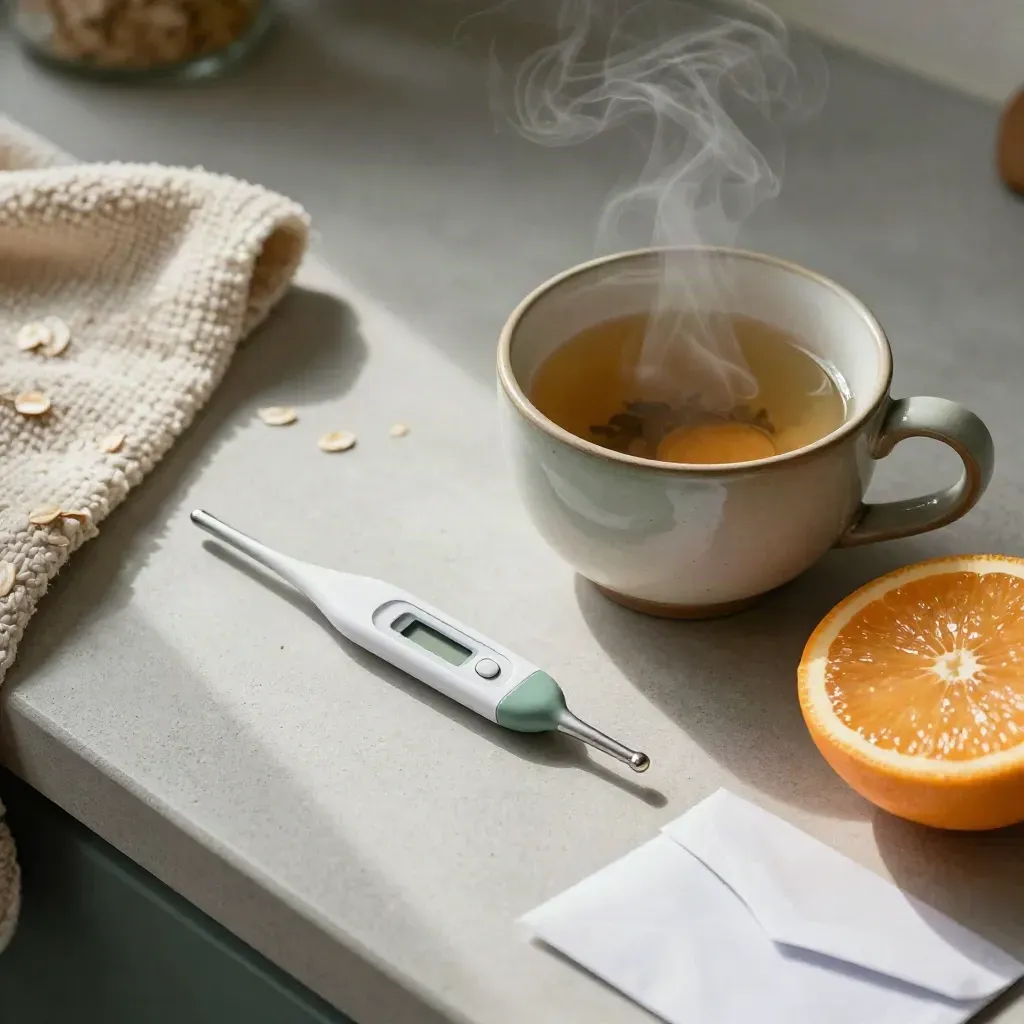 Termómetro, infusión, manta de punto, fruta cítrica y sobre clínico en una cocina tranquila.