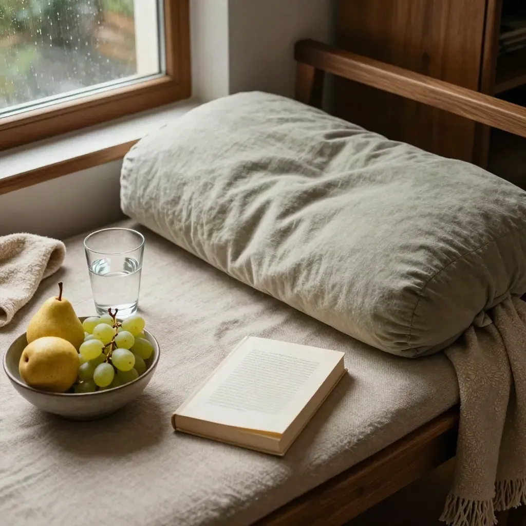 Rincón de descanso con cojín lumbar, fruta, agua, manta y un libro cerrado en luz suave.