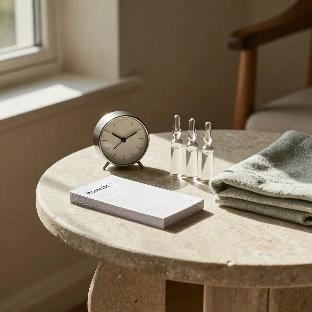 Mesa de control prenatal con reloj, tarjetas boca abajo, ampollas y paño en luz suave.